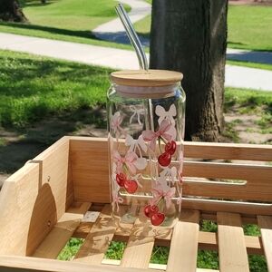 Cherry and Bow Glass Tumbler with Straw